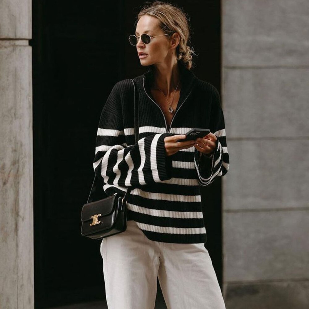& Other Stories Half Zip Stripe Sweater Black & White